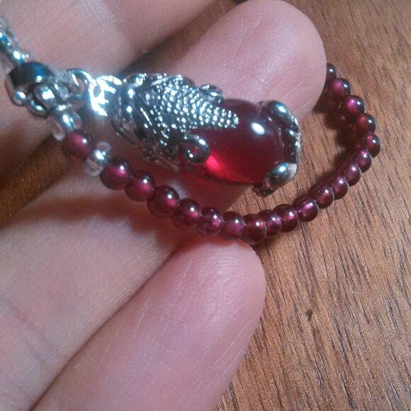Simulated Ruby and Genuine Mozambique Garnet Silvertone Dragon Pendant Necklace - Picture 2 of 13